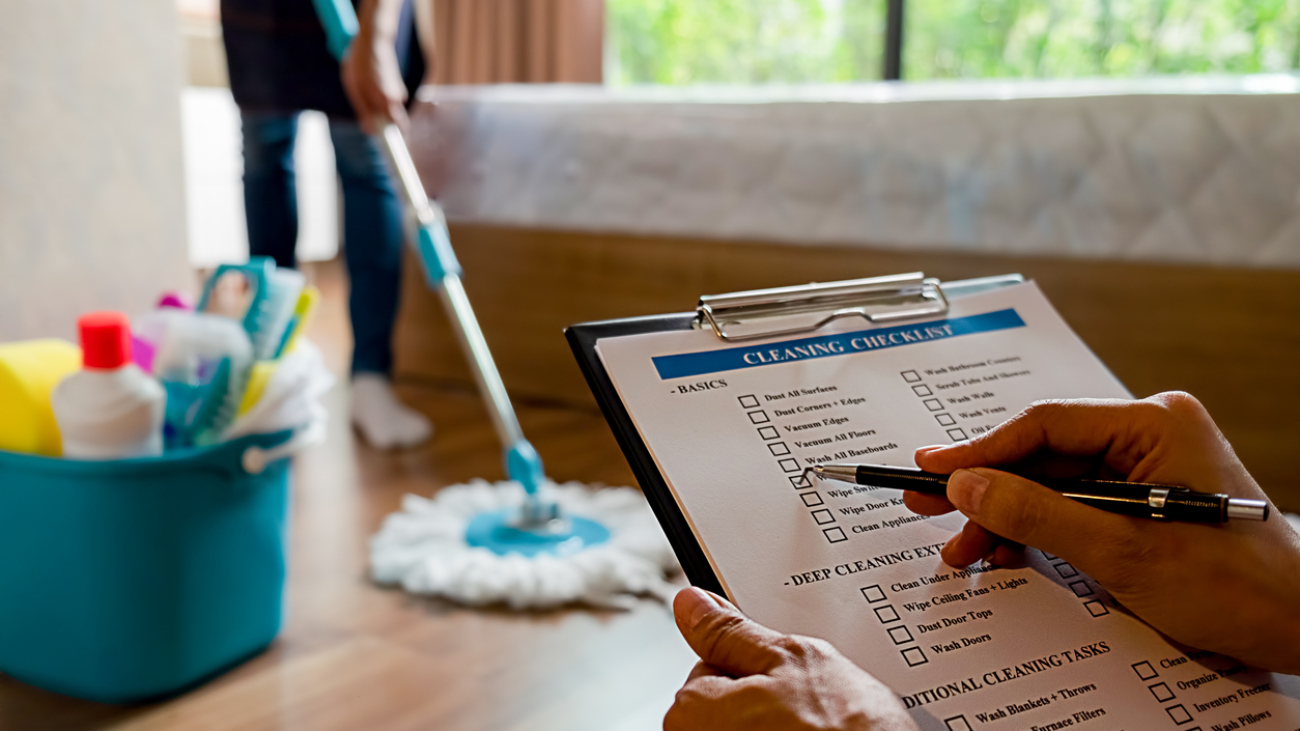 Professional cleaning service team working with cleaning equipment in room. Cleaning Service Concept.